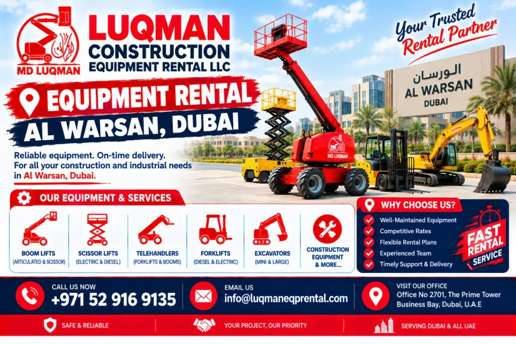 Equipment rental for construction and warehouse projects in Al Warsan Dubai